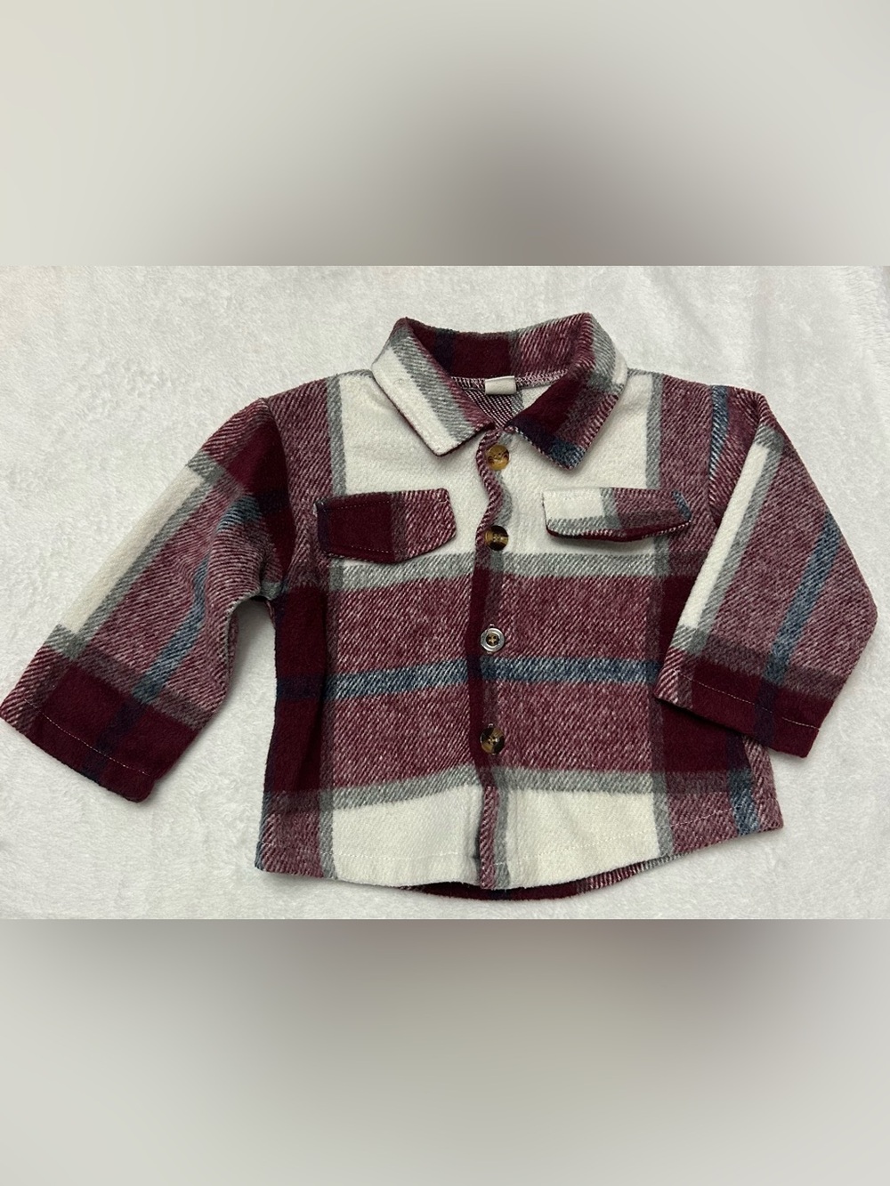 SHEIN 12-18 months cabin cozy Burgundy & Cream Plaid Button-Down Shacket - Picture 4 of 6
